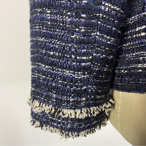 Ann Taylor Cotton Blend Tweed Fringe Trim Blazer Jacket 6 Navy Blue Black Ivory - Picture 5 of 9